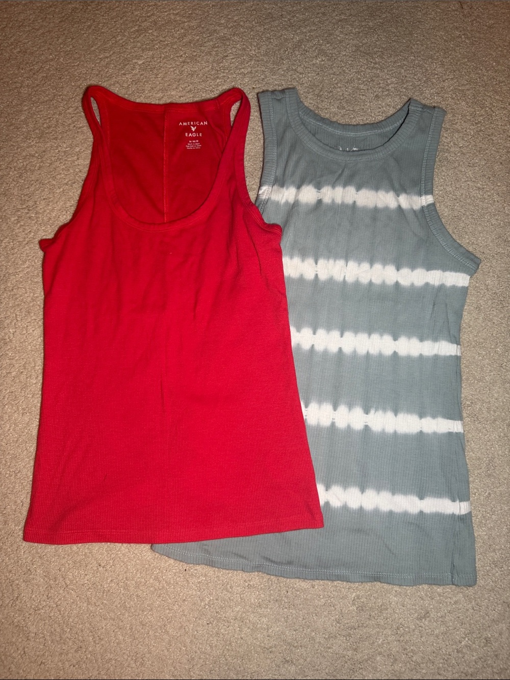 American Eagle Outfitters Red Ribbed Tank Top (with Gray & White Striped Tank)
